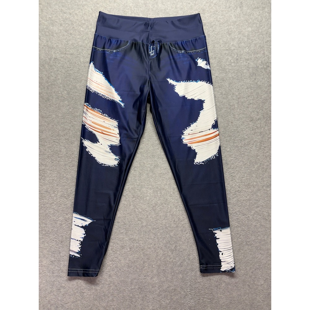 Faux Denim Ripped Print Leggings Blue Distressed Graphic Stretchy Pants Large